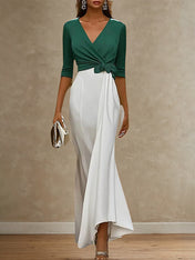 Elegant Formal Dress V Neck Half Sleeve Green White Evening Gown Dress