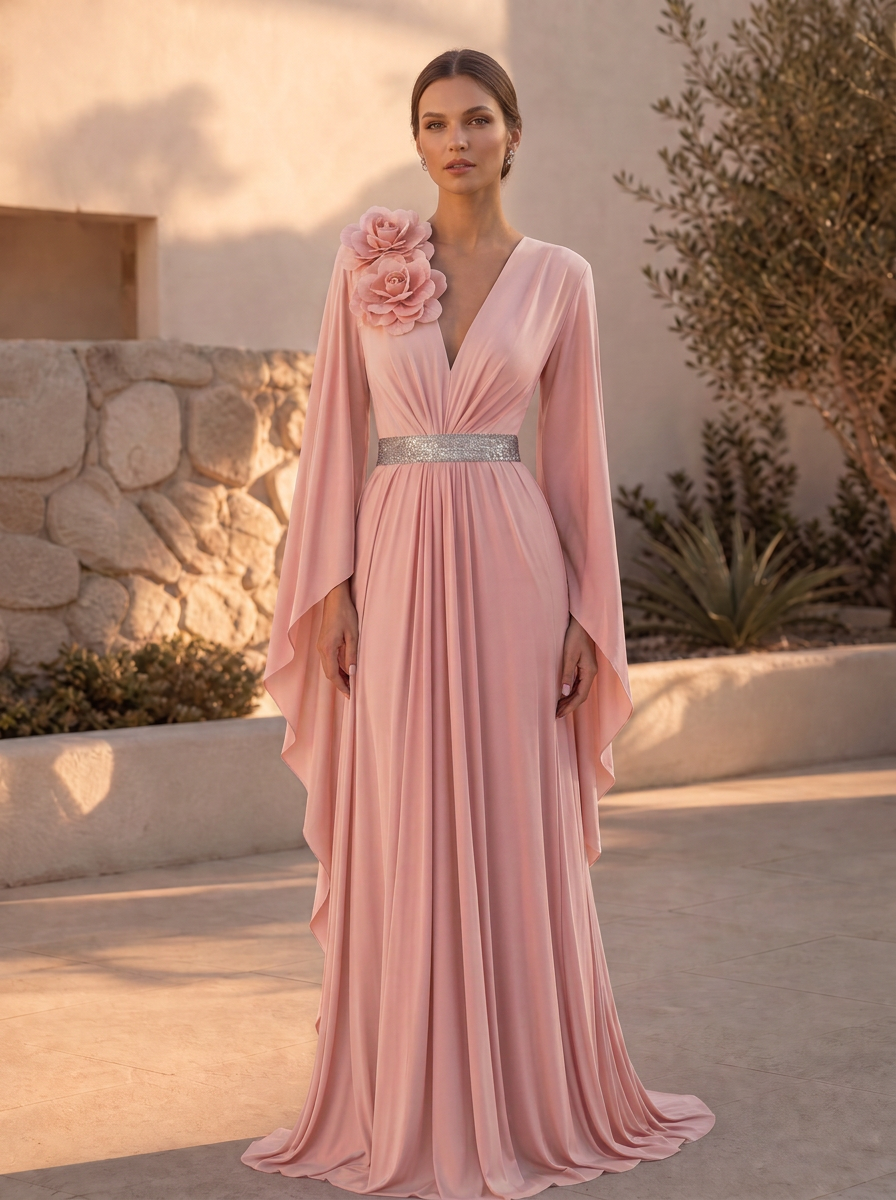 Plum V-Neck Rosette Accented Flowing Sleeve Floor-Length Gown Dress