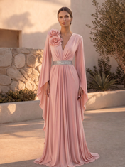 Plum V-Neck Rosette Accented Flowing Sleeve Floor-Length Gown Dress