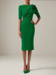 Green Daily Semi-Formal Dress Round Neck Short Sleeves Tea Length Dress