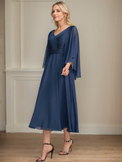 A-line V-Neck Tea-Length Chiffon Lace Mother of the Bride Dress With Beading Sequins
