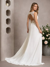 White A-Line Sleeveless Sequins Chiffon Wedding Dress