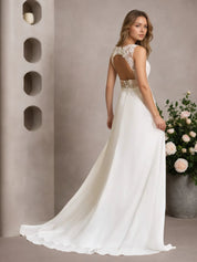 White A-Line Sleeveless Sequins Chiffon Wedding Dress