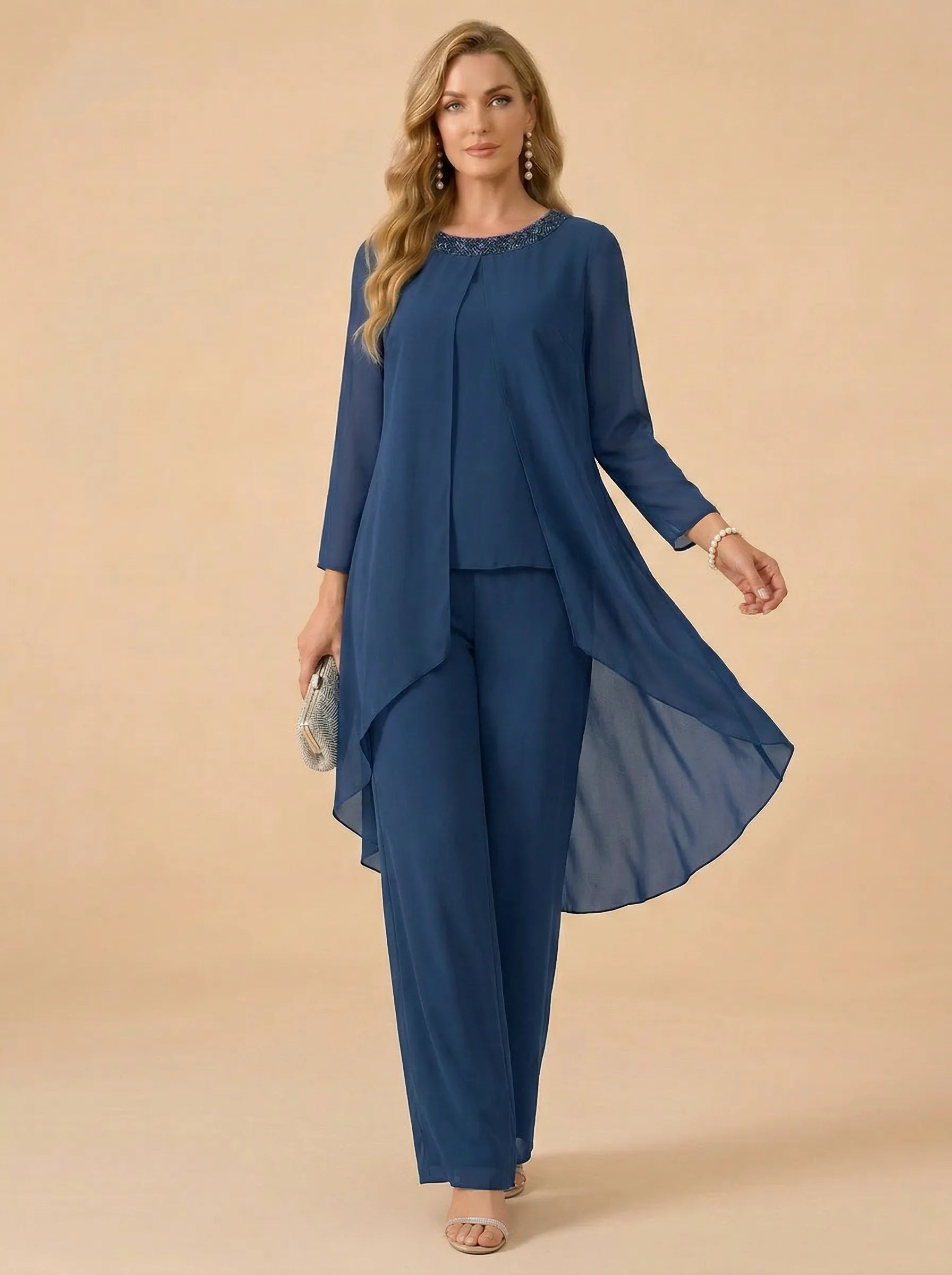 Beaded Neckline Asymmetric Chiffon Wide-Leg Mother of the Bride Pant Set