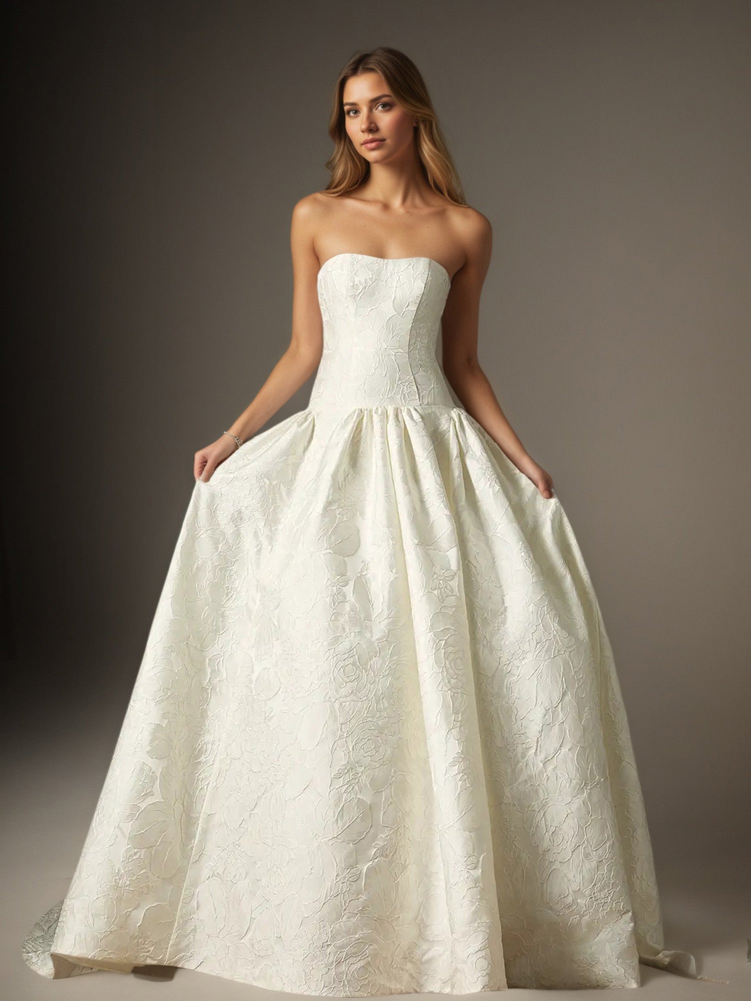 White Ball-Gown Strapless Floral Jacquard Wedding Dress