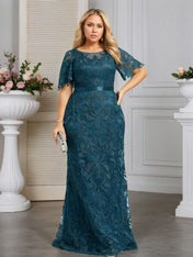A-line Scoop Neck Floor-Length Lace Evening Dress With Appliques