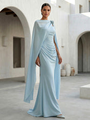 Light Blue Spaghetti Straps Mermaid Chiffon Evening Dress with Cape