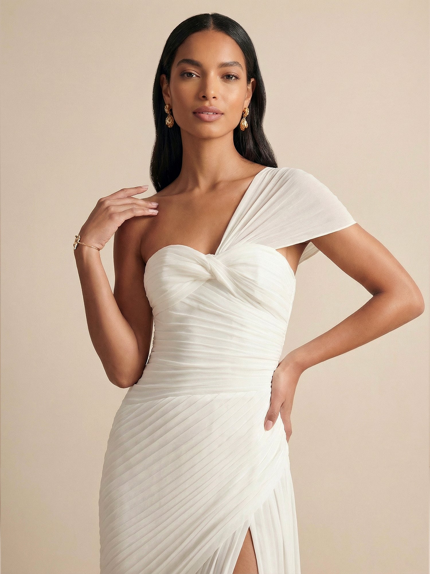 One Shoulder Pleated Chiffon Evening Dress with Side Slit