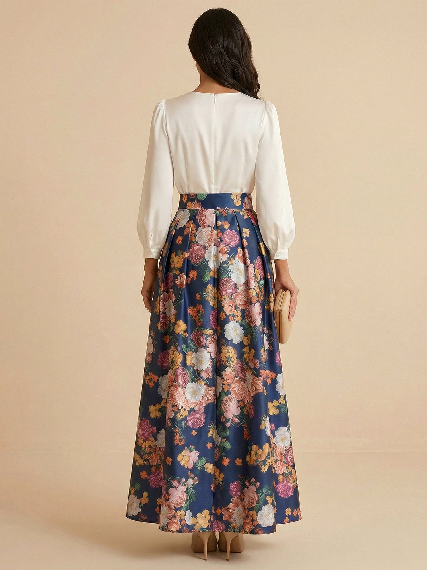 White A-Line Long Sleeves Satin Two-piece Print Floral Mother of the Brides dress