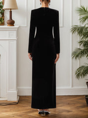 Black Bow Rhinestone Velvet Crew Neck Long Sleeve Sheath Maxi Dress