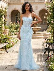 Ethereal Light Blue Strapless Corset Prom Dress with Floral Lace
