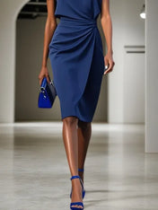 Purplish Blue Ruched Cut Out Classic Crew Neck Cap Sleeve Sheath/Column Midi Dress