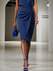 Purplish Blue Ruched Cut Out Classic Crew Neck Cap Sleeve Sheath/Column Midi Dress