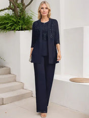 Jumpsuit/Pantsuit Separates Scoop Floor-Length Chiffon Lace Mother of the Bride Dress With Sequins