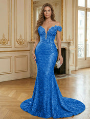 Sparkly Off The Shoulder Sequin Long Mermaid Corset Prom Dresses