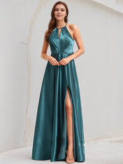 A Line Satin Halter Neck Sleeveless Floor Length Bridesmaid Dress