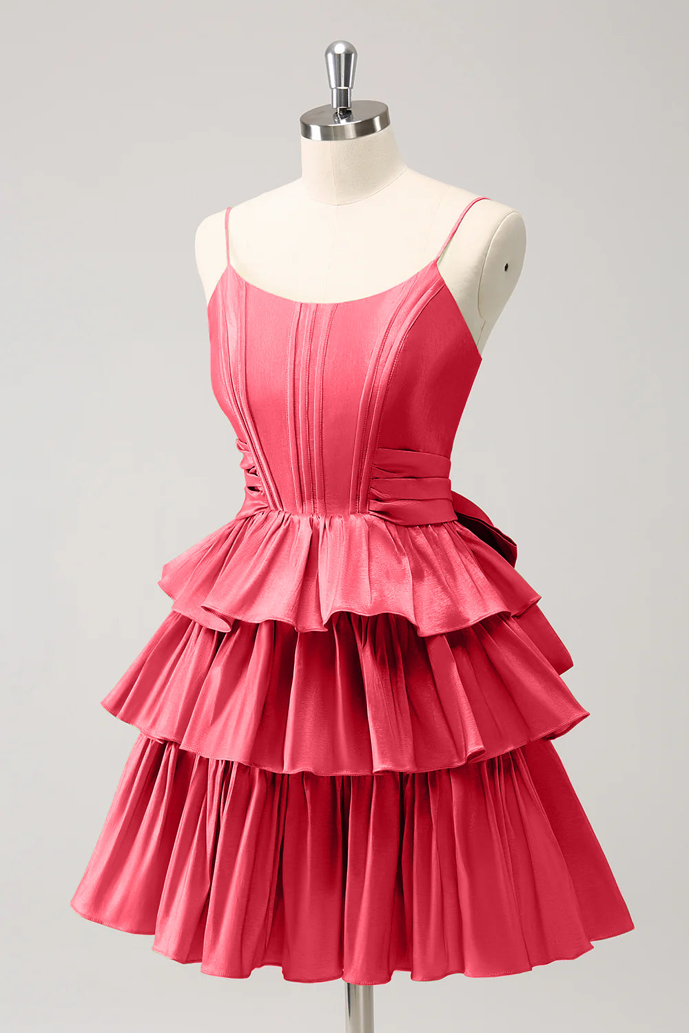 Hot Pink A Line Spaghetti Straps Corset Tiered Ruffle Homecoming Dress with Bow