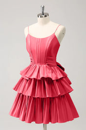 A Line Spaghetti Straps Corset Tiered Ruffle Homecoming Dress with Bow