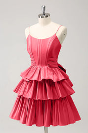 Hot Pink A Line Spaghetti Straps Corset Tiered Ruffle Homecoming Dress with Bow