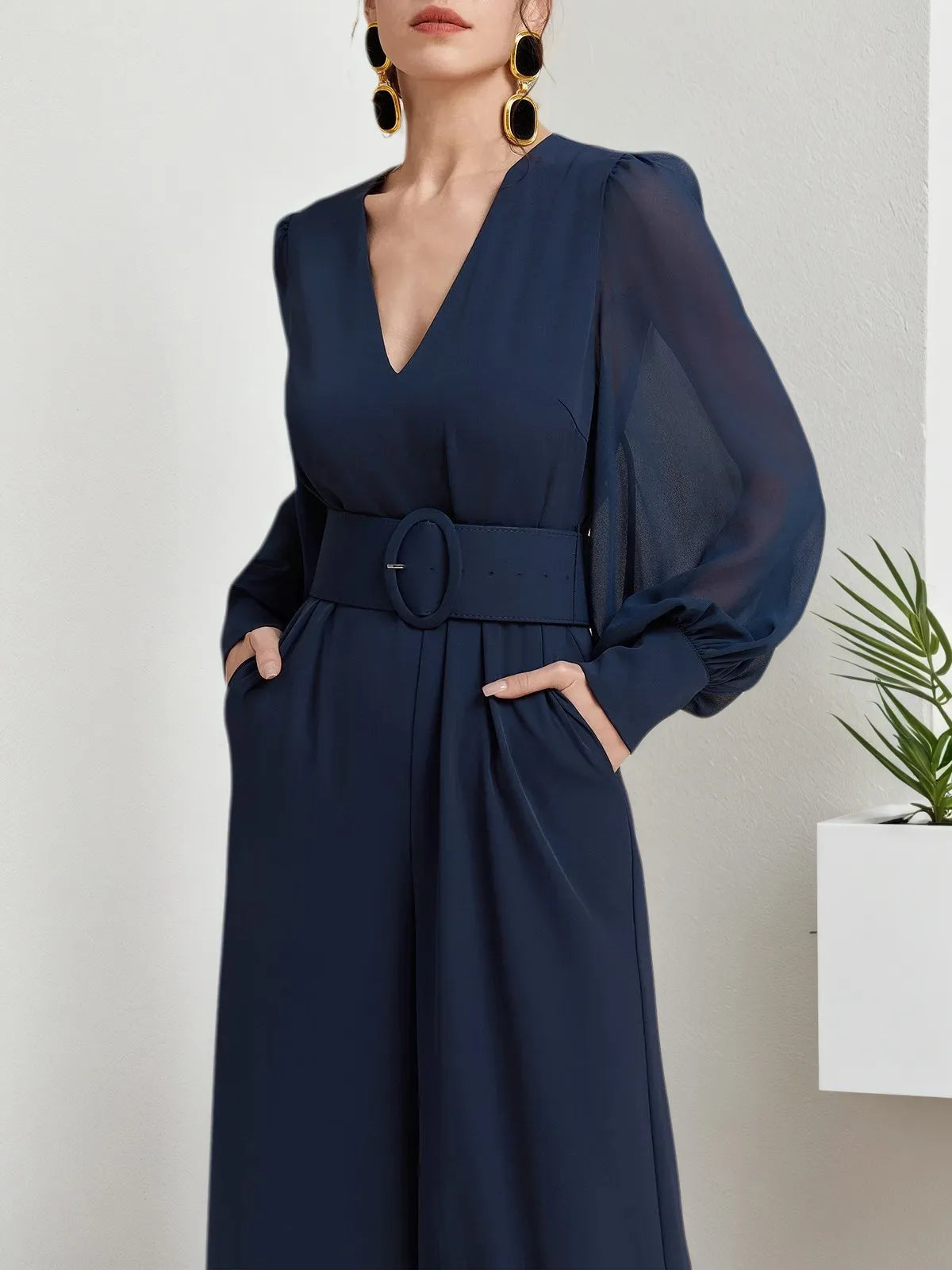 Dark Blue Mesh V Neck Balloon Sleeve Chiffon Wide-Leg Jumpsuit