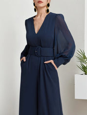 Dark Blue Mesh V Neck Balloon Sleeve Chiffon Wide-Leg Jumpsuit