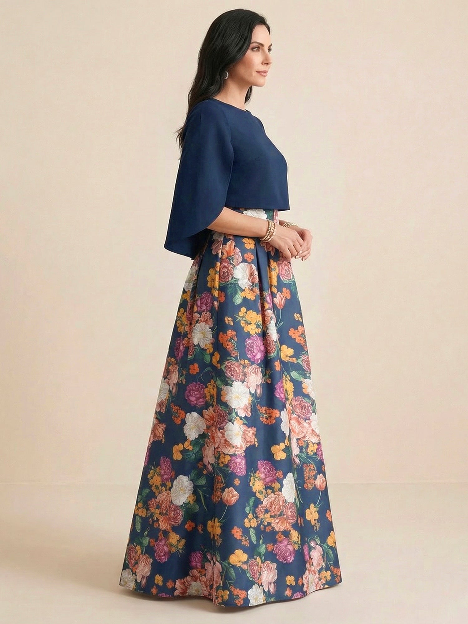 Navy Blue A-Line Crew Neck Satin Two-piece Print Flower Mother of the Brides dress