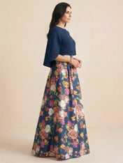 Navy Blue A-Line Crew Neck Satin Two-piece Print Flower Mother of the Brides dress