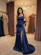 Ivory Grace Satin Square-Neck Prom Dress with Side Bow