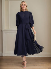 A-line High Neck Tea-Length Lace Chiffon Mother of the Bride Dress With Bow