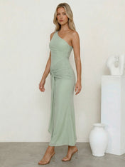 Sage Green One Shoulder Mermaid Satin Maxi Dress Tea Length