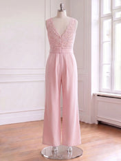Women Pink Lace Deep V Neck Sleeveless Dressy Jumpsuit