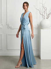 Blue Regular Straps Satin A Line Maxi Dress with Slit
