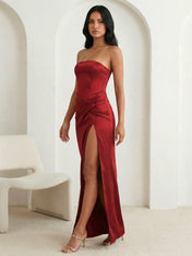 Red Strapless Satin Mermaid Pleat Maxi Dress with Slit