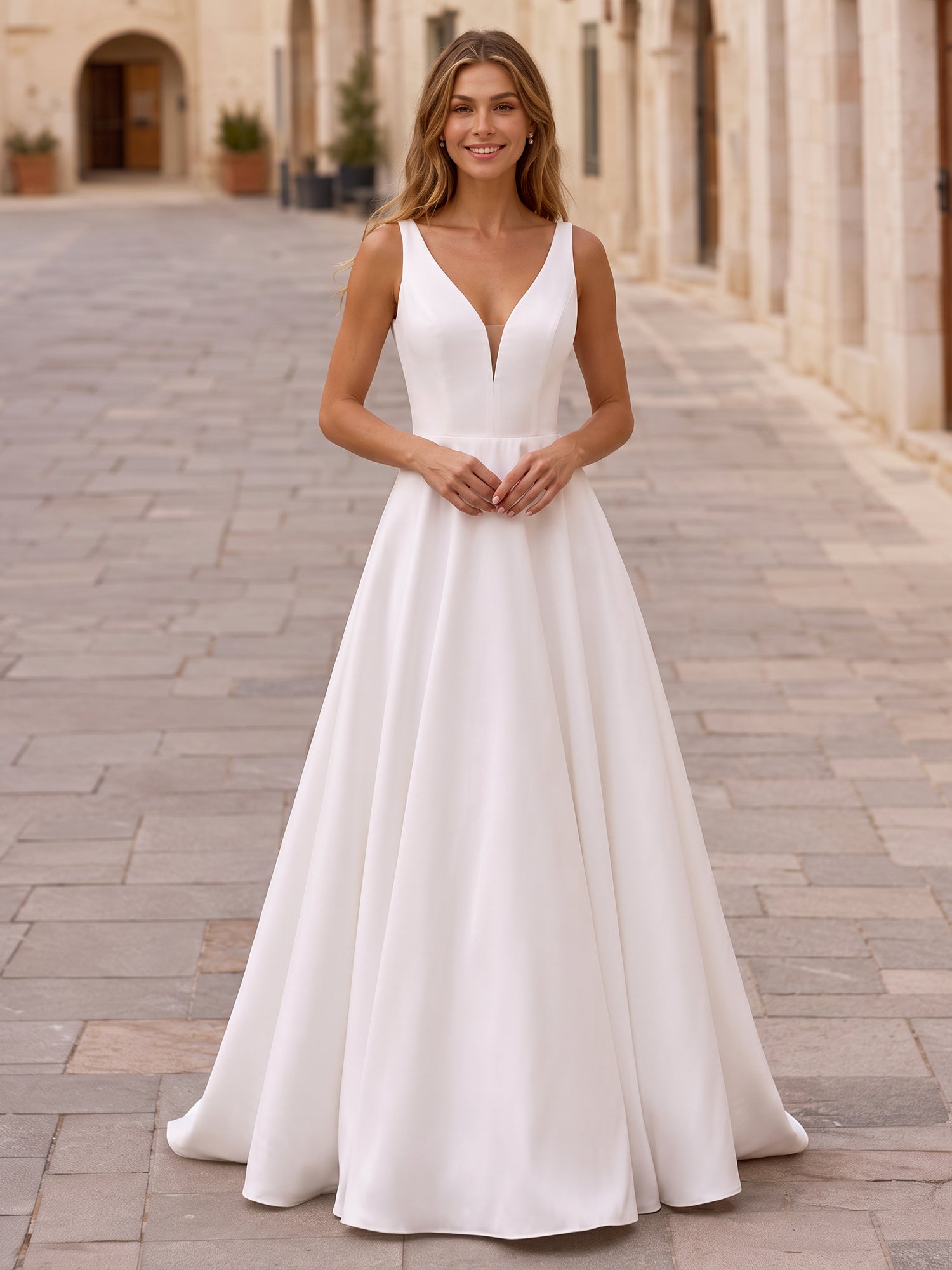 Elegance V-Neck Sleeveless A-Line Satin Wedding Dress
