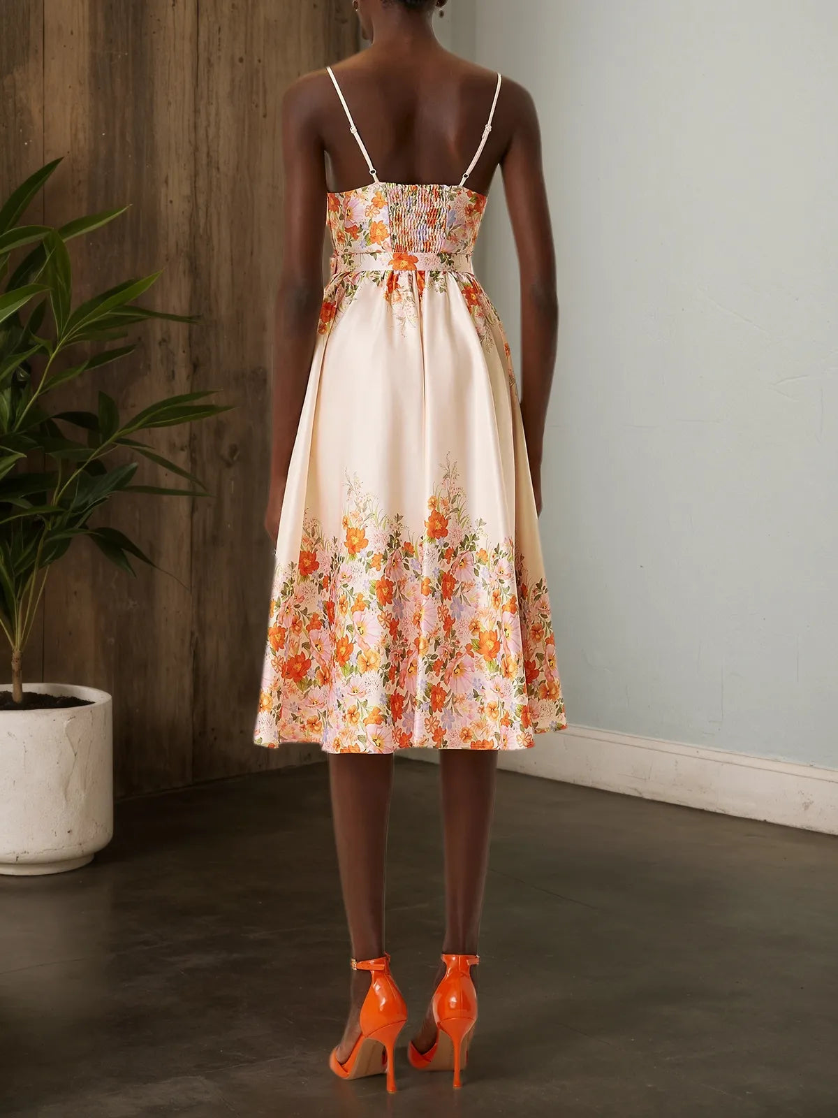 Beige Floral Satin Spaghetti Sleeveless A-Line Midi Dress