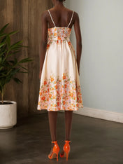 Beige Floral Satin Spaghetti Sleeveless A-Line Midi Dress