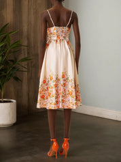 Beige Floral Satin Spaghetti Sleeveless A-Line Midi Dress