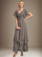 A-line V-Neck Ankle-Length Lace Chiffon Mother of the Bride Dress With Cascading Ruffles