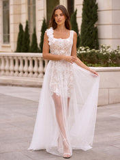 3D Floral Applique Square Neckline Lace Wedding Dress with Sheer Tulle Overlay
