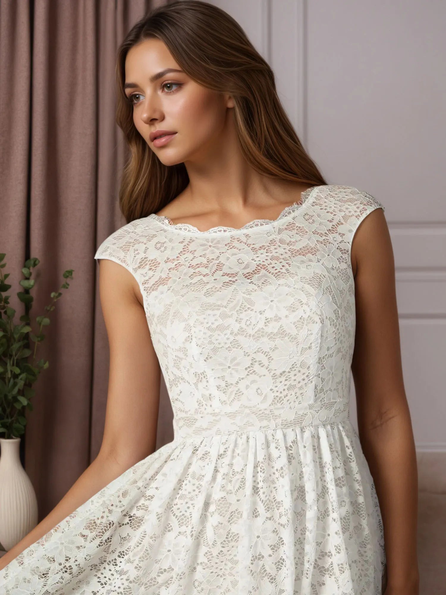 White A-Line Knee-Length Lace Wedding Dress