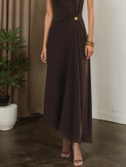 Brown Buckle Ruched Cotton Knit Asymmetrical Sleeveless A-Line Maxi Dress