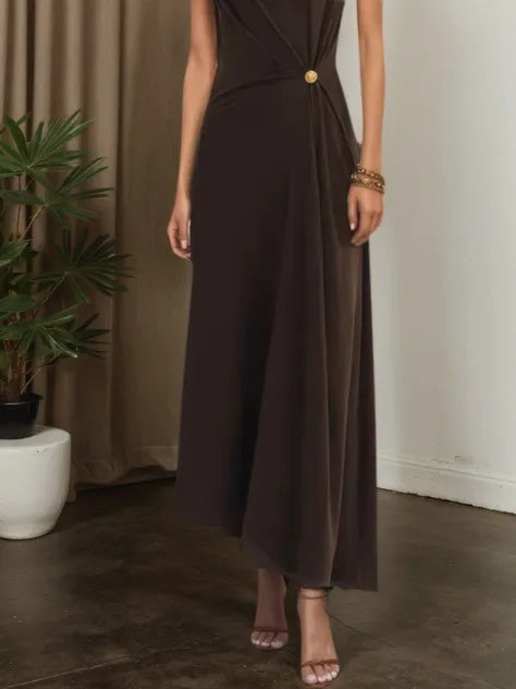 Brown Buckle Ruched Cotton Knit Asymmetrical Sleeveless A-Line Maxi Dress