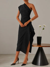 Black One-Shoulder Slit A-Line Midi Dress