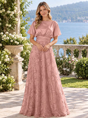 Bateau Neck Butterfly Sleeve Lace Embroidered A-Line Mother of The Bride Dresses