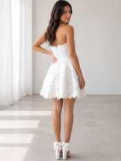 Elegant Strapless White Floral Lace Short Cocktail Wedding Dress