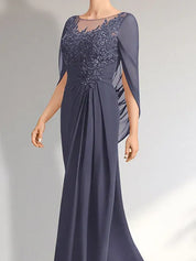 Robe de mère de la mariée trapèze en mousseline de soie et dentelle, longueur au sol, avec décolleté en V et paillettes plissées