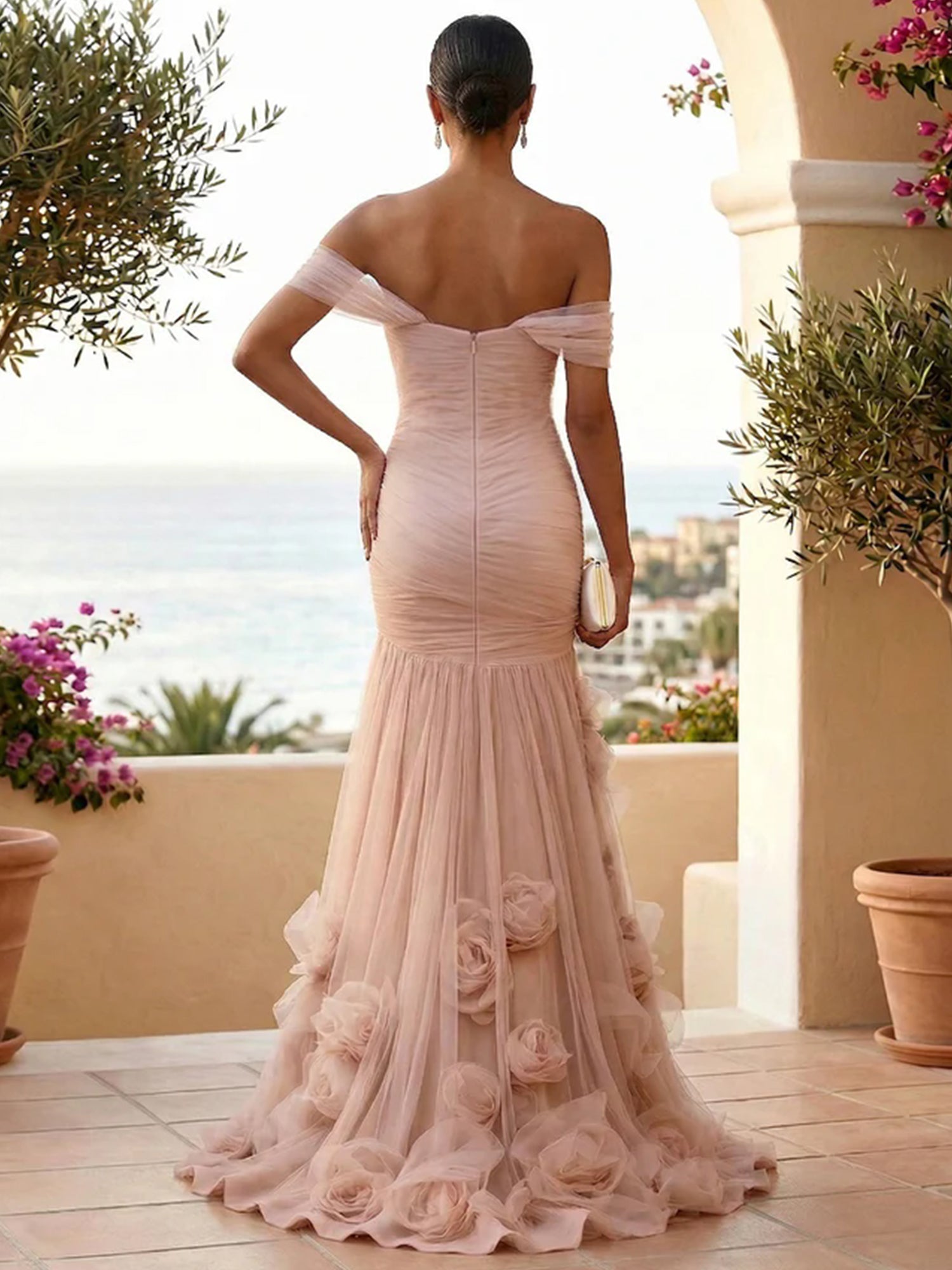 Sweetheart Tulle Off the Shoulder Pleat Mermaid Evening Dresses with 3D Flower