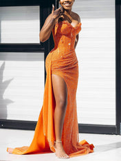 Glitter Orange Strapless Mermaid Sequined Long Prom Dress with Slit