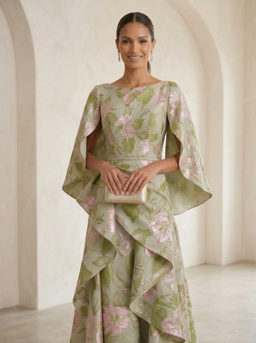 Boat-Neck Jacquard Asymmetric Ruffle Long Mother Of The Bride Dresses with Cape Sleeves