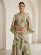 Boat-Neck Jacquard Asymmetric Ruffle Long Mother Of The Bride Dresses with Cape Sleeves